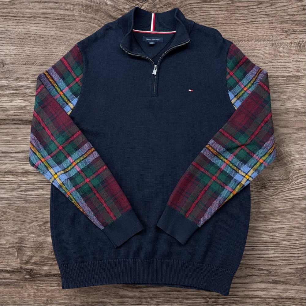 Tommy Hilfiger Mens Navy Blue Tartan Plaid Sleeve Quarter Zip Cotton Sweater XL